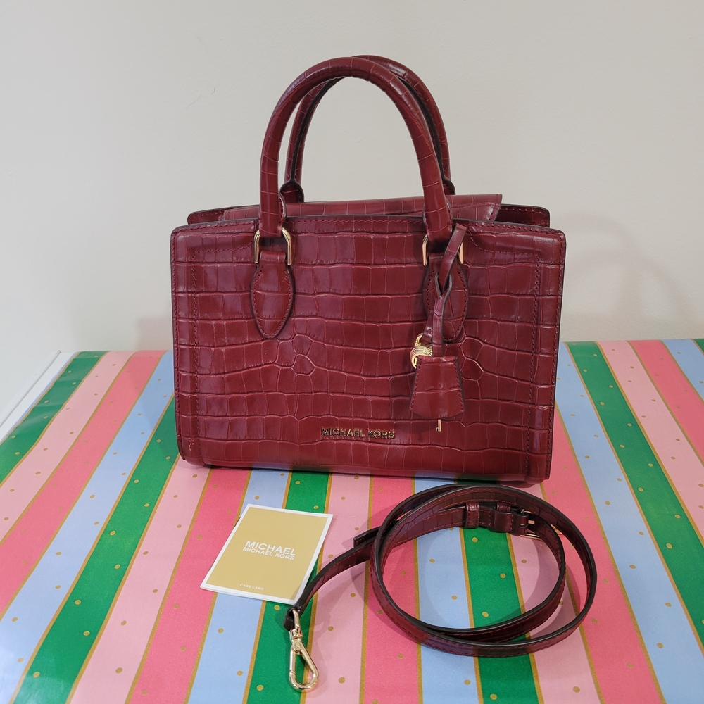 MICHAEL KORS Burgundy Crocodile-Embossed Leather Handbag Gold Hardware NWOT - Picture 13 of 16